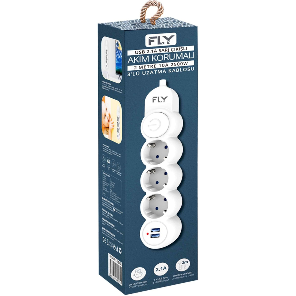 FLY 3393-01, 3 Soket, 2 USB, Akım Korumalı Priz, 2.1A, Anahtarlı, 2Mt Kablo, (Beyaz)