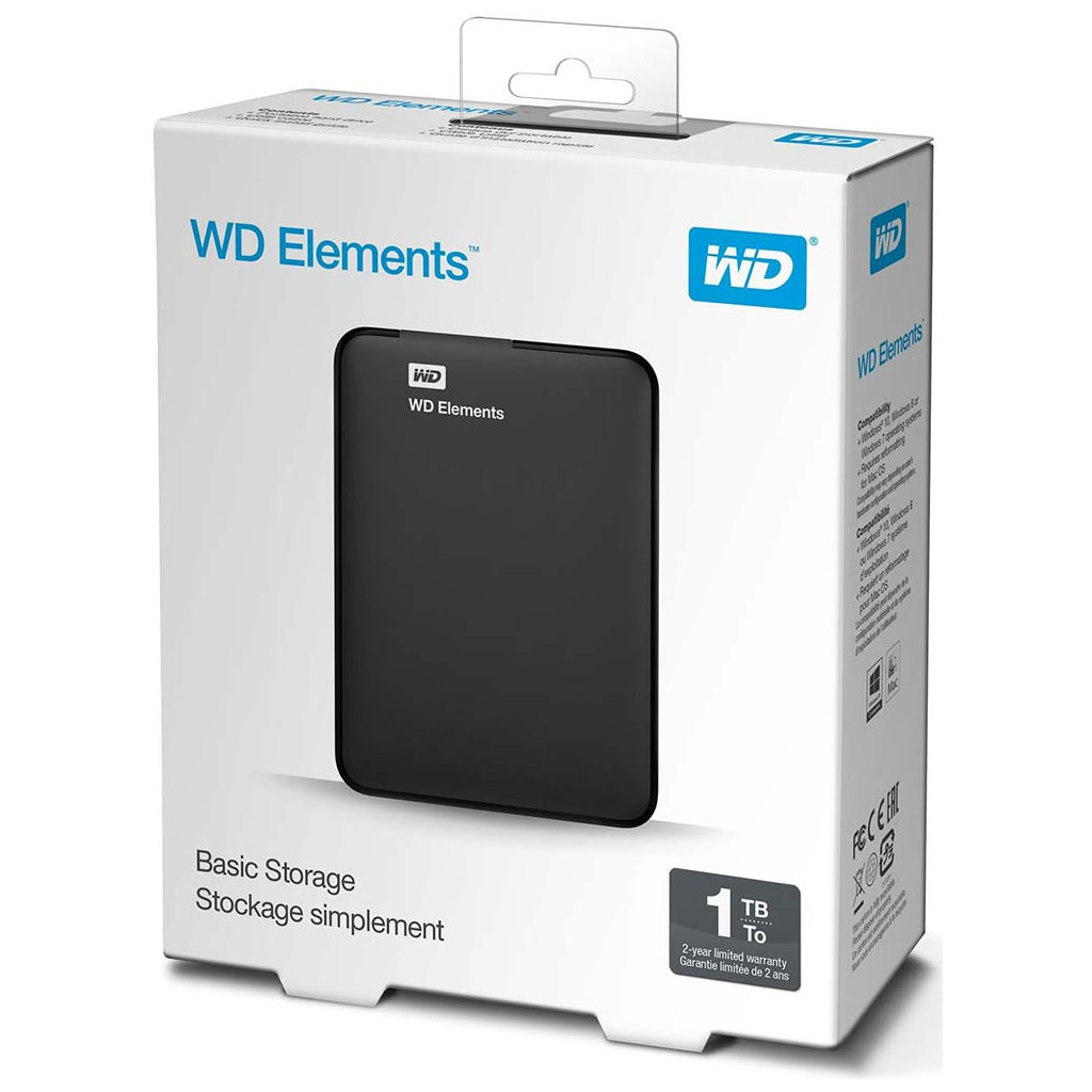 WD WDBUZG0010BBK-WESN, Elements, 1TB, 2.5", USB3.0, Taşınabilir, Harici HDD, Siyah (Türkiye Distribütörü Garantili)