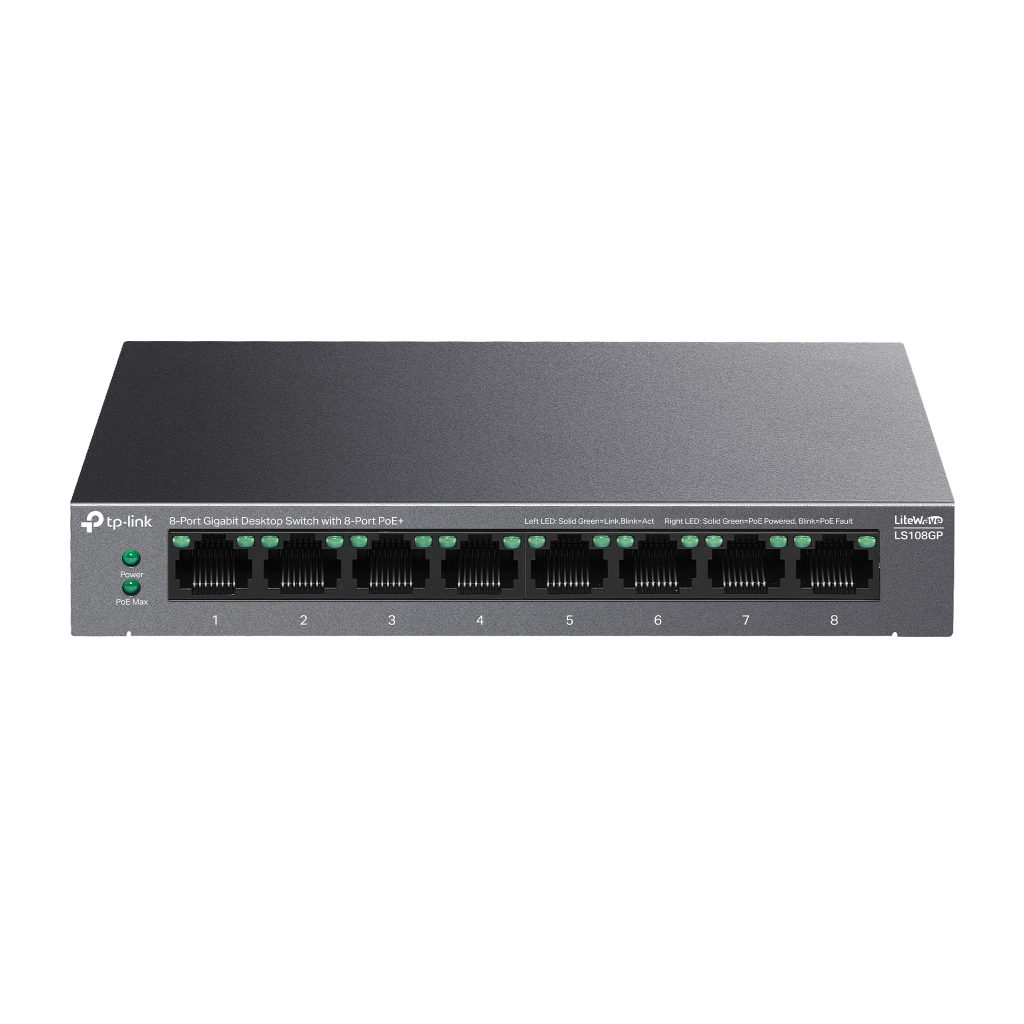 TP-LINK LS108GP, Green Tech, 8 Port GigaBit, PoE 62W, Yönetilemez, Metal Kasalı Switch