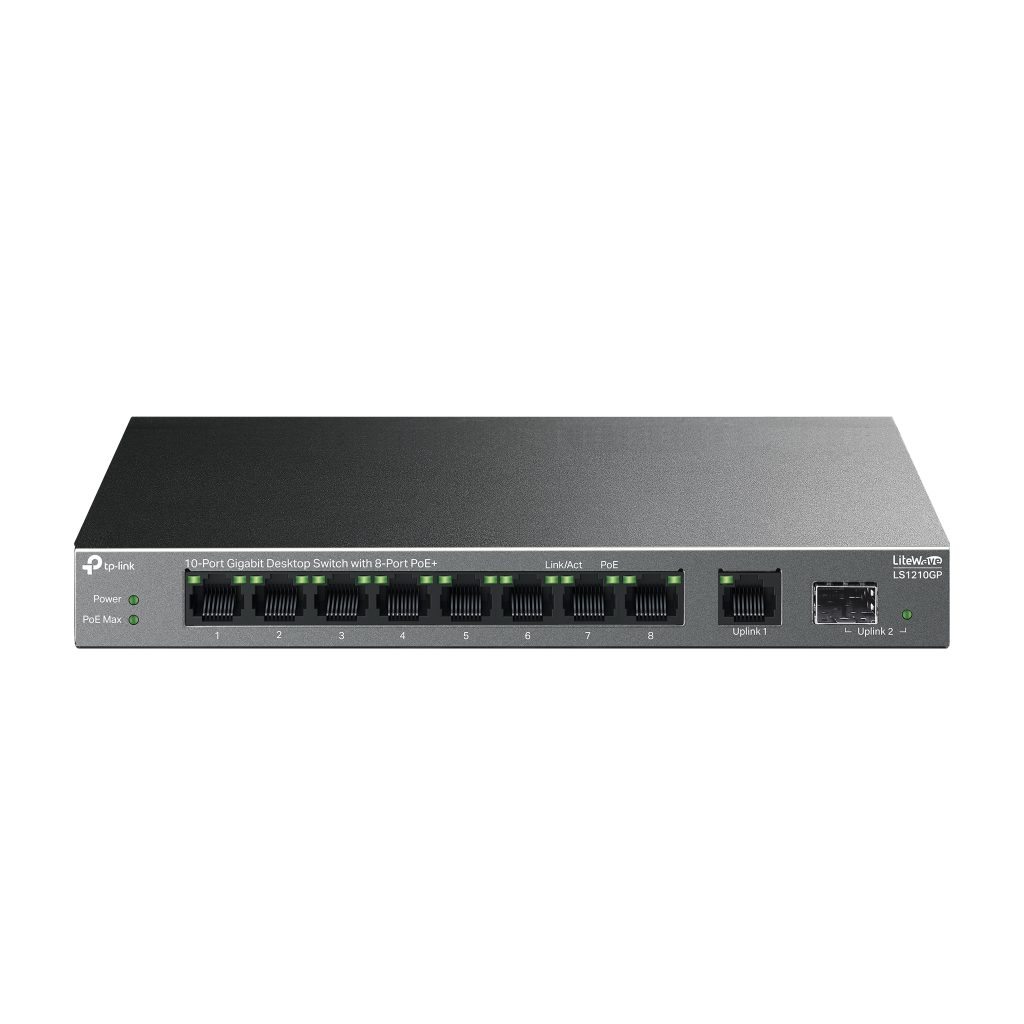 TP-LINK LS1210GP, Green Tech, 8 Port Gigabit, PoE 61W, 1 Port Gigabit Uplink, 1 Port Gigabit SFP, Yönetilemez Masaüstü Switch