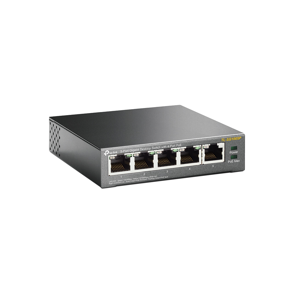 TP-LINK TL-SG1005P, 5 Port, GigaBit, 4 Port PoE 56W, Yönetilemez, Metal Kasa, Masaüstü Switch