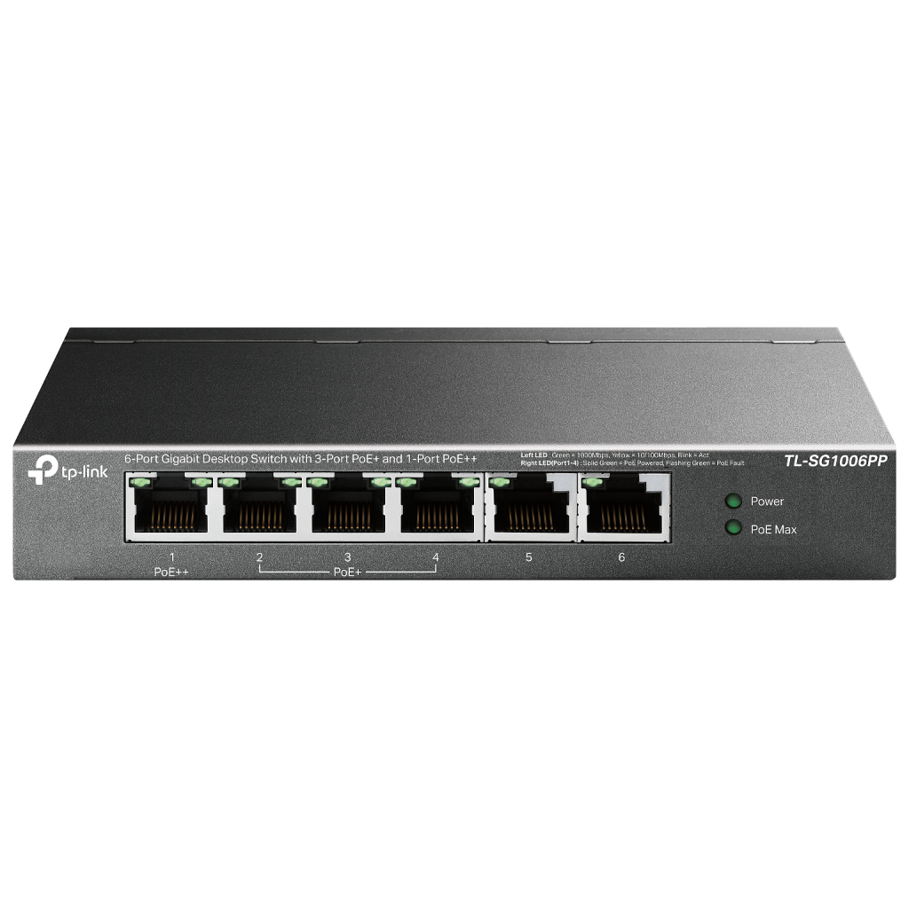 TP-LINK TL-SG1006PP, 6 Port, GigaBit, 4 Port PoE 64W, Yönetilemez, Metal Kasa, Masaüstü Switch