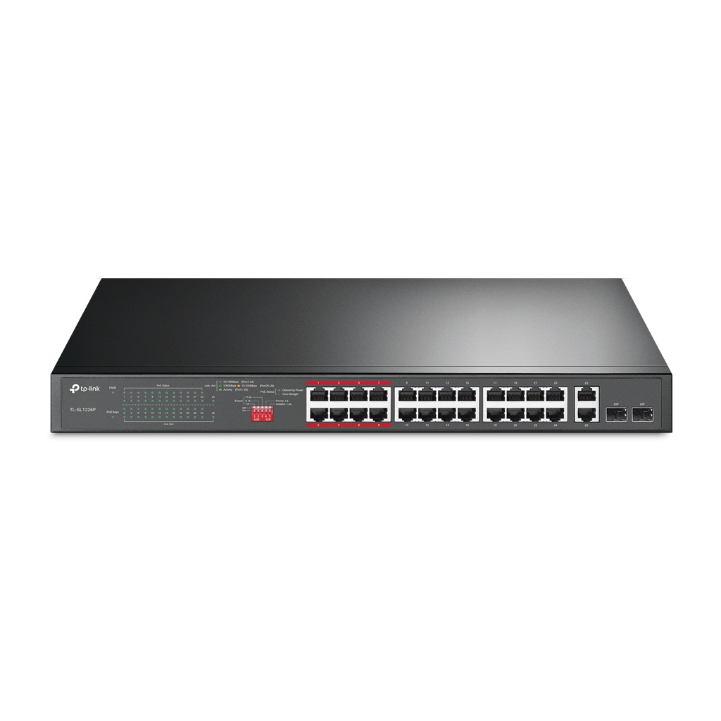 TP-LINK TL-SL1226P, 24 Port, Megabit, PoE 250W, 2 Port Combo Gigabit SFP, Yönetilemez, Rackmount, Switch