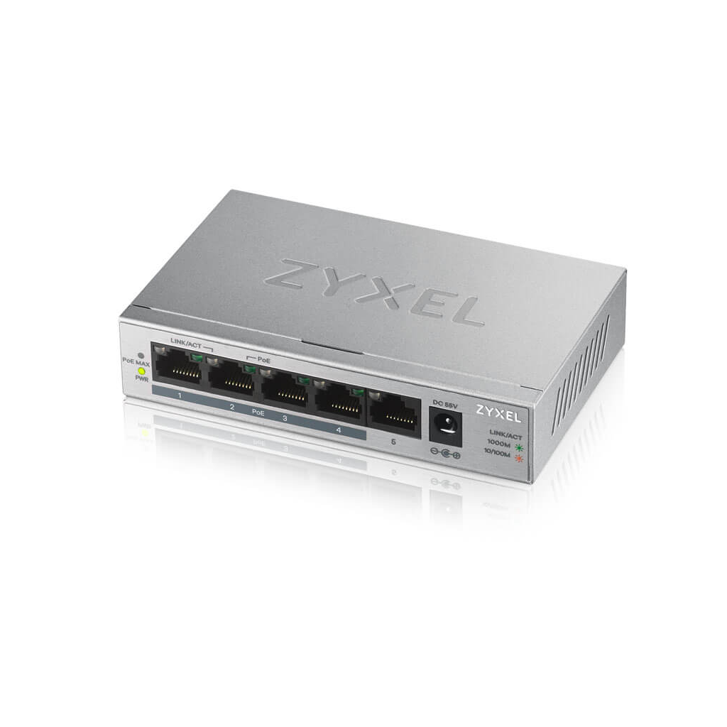 ZyXEL GS1005HP, 5 Port, GigaBit, 4 Port PoE 60W, Yönetilemez, Masaüstü Switch