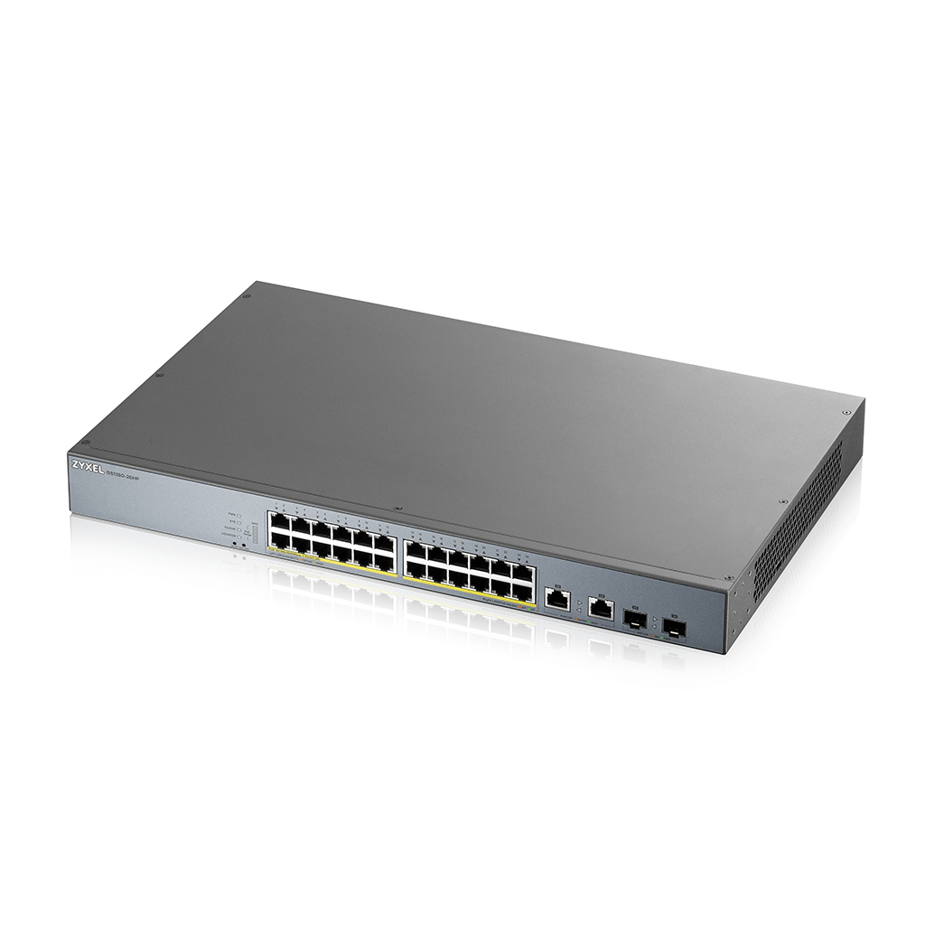 ZyXEL GS1350-26HP, 26 Port, GigaBit, 24 Port PoE 375W, +2Port GigaBit SFP, Yönetilebilir, Rackmount CCTV Switch