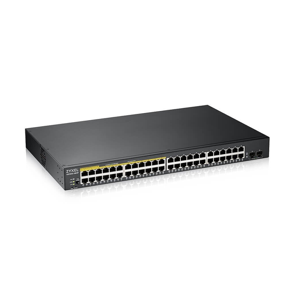 ZyXEL GS1900-48HP V2, 48Port, Gigabit, 24 Port PoE 170W, +2Port GigaBit SFP, Yönetilebilir, Rackmount Switch