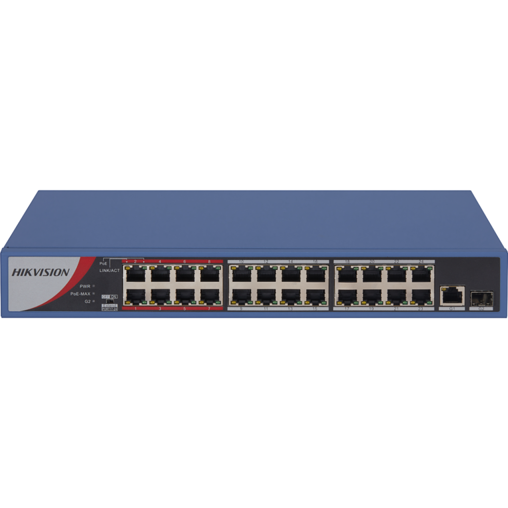 HIKVISION DS-3E0326P-E/M(B), 24 Port, MegaBit, PoE 250W, 1 Port GigaBit Uplink, 1 Port GigaBit SFP, Yönetilemez, Rack Mount Switch