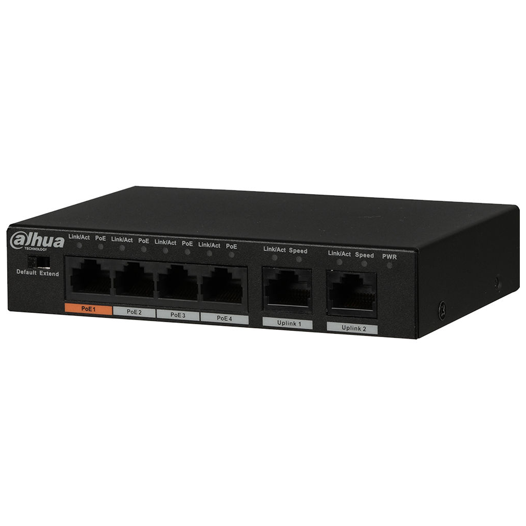 DAHUA PFS3006-4ET-60-V2, 4 Port, Megabit, PoE 60W, 2 Port Uplink, Yönetilemez, Masaüstü Switch
