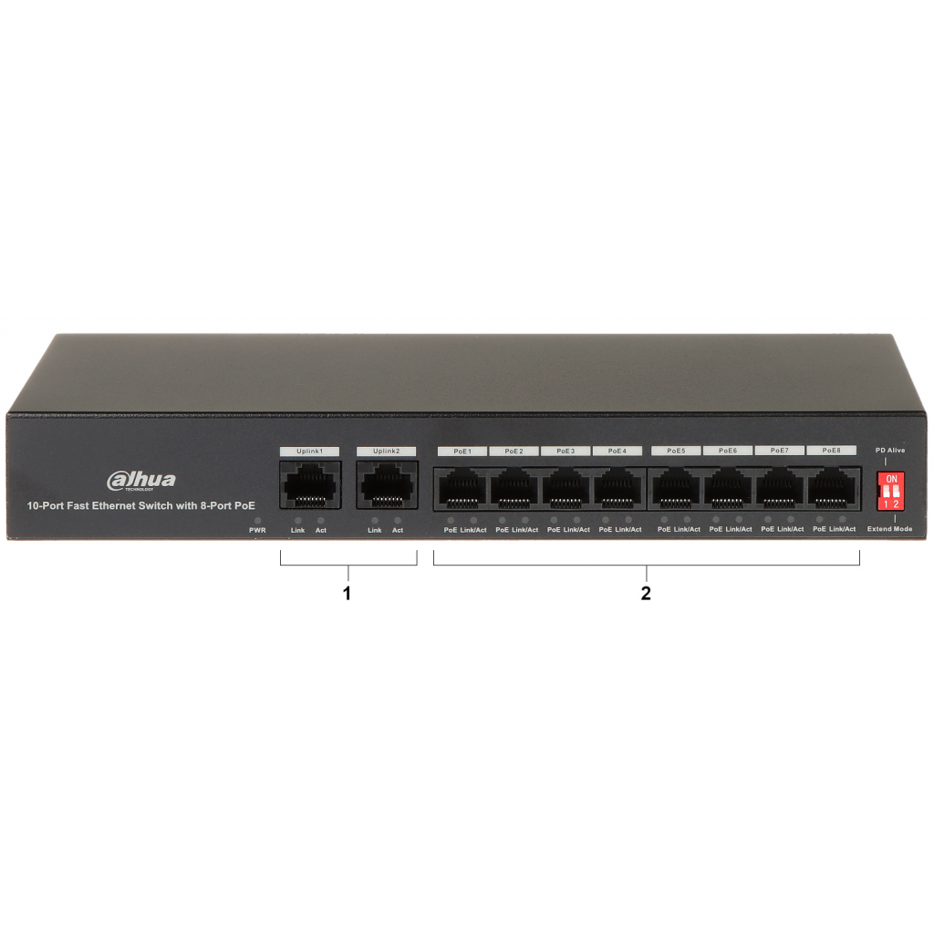 DAHUA PFS3010-8ET-65, 8 Port, MegaBit, PoE 65W, 2 Port Uplink, Yönetilemez, Masaüstü Switch