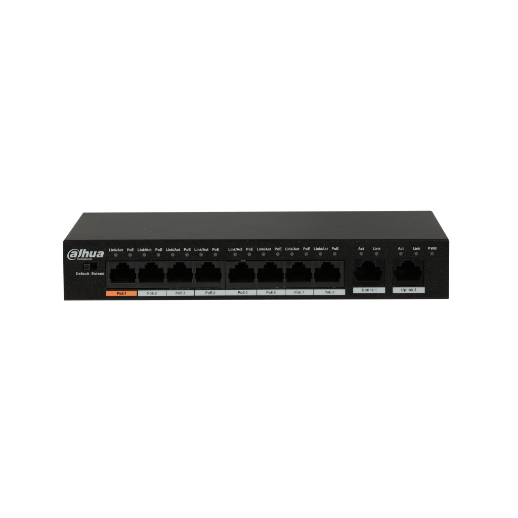 DAHUA PFS3010-8ET-96, 8 Port, MegaBit, 8 Port PoE, 96W, +2 Port GigaBit Uplink, Yönetilemez, Masaüstü Switch