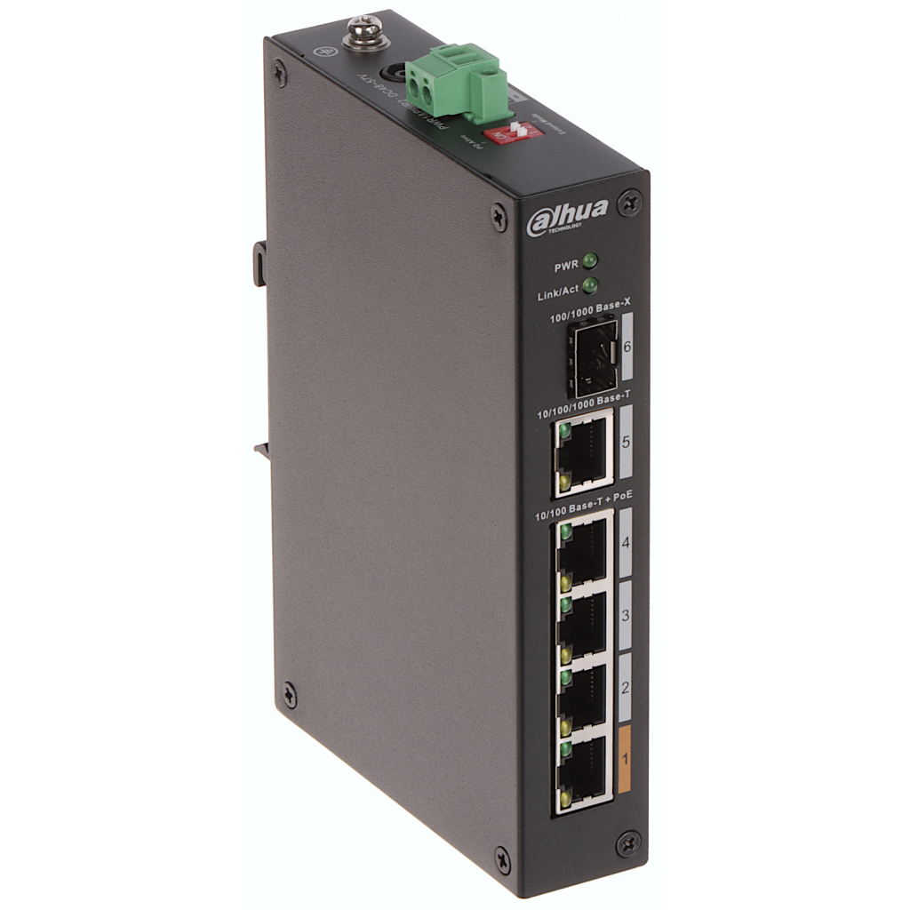 DAHUA PFS3106-4ET-60-V2, 4 Port, Megabit, PoE 60W, 1 Port Gigabit Uplink, 1 Port Gigabit SFP, Yönetilemez, Masaüstü Switch
