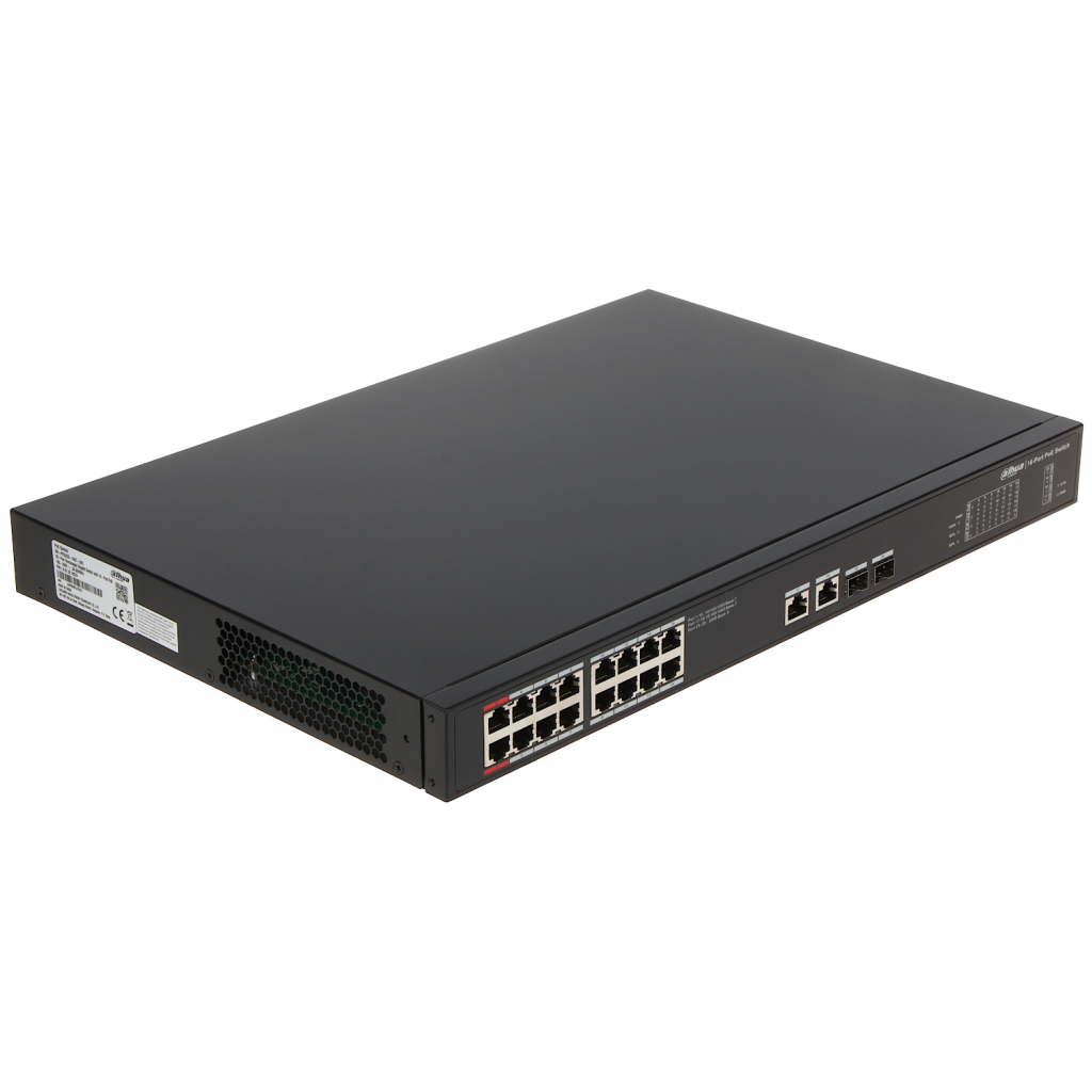 DAHUA PFS3220-16GT-240, 16 Port, GigaBit, PoE 240W, 2 Port GigaBit Uplink, 2 Port GigaBit Combo SFP, Yönetilemez, Rack Mount Switch