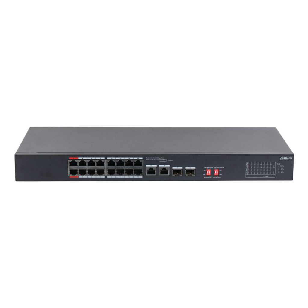 DAHUA S3218-16ET-135 , 16 Port, Megabit, 16 Port PoE, 135W, +2 Port Gigabit SFP, +2 Port GigaBit Uplink, Longe Range 250Mt.,  Yönetilemez, Rack Mount Switch