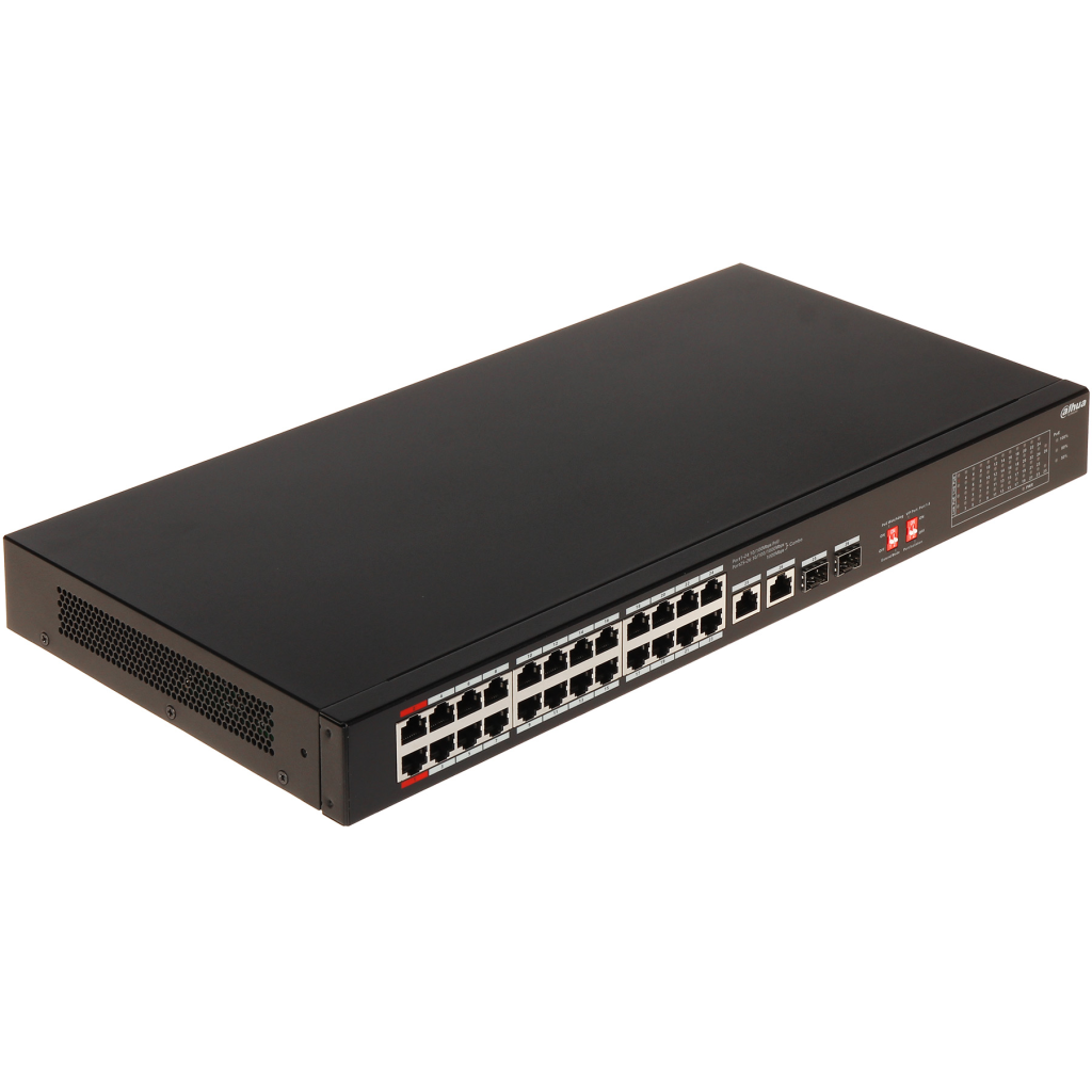 DAHUA S3226-24ET-240, 24 Port, MegaBit, 24 Port PoE, 240W, +2 Port Gigabit Combo SFP, Longe Range 250Mt., Yönetilemez, Rack Mount Switch