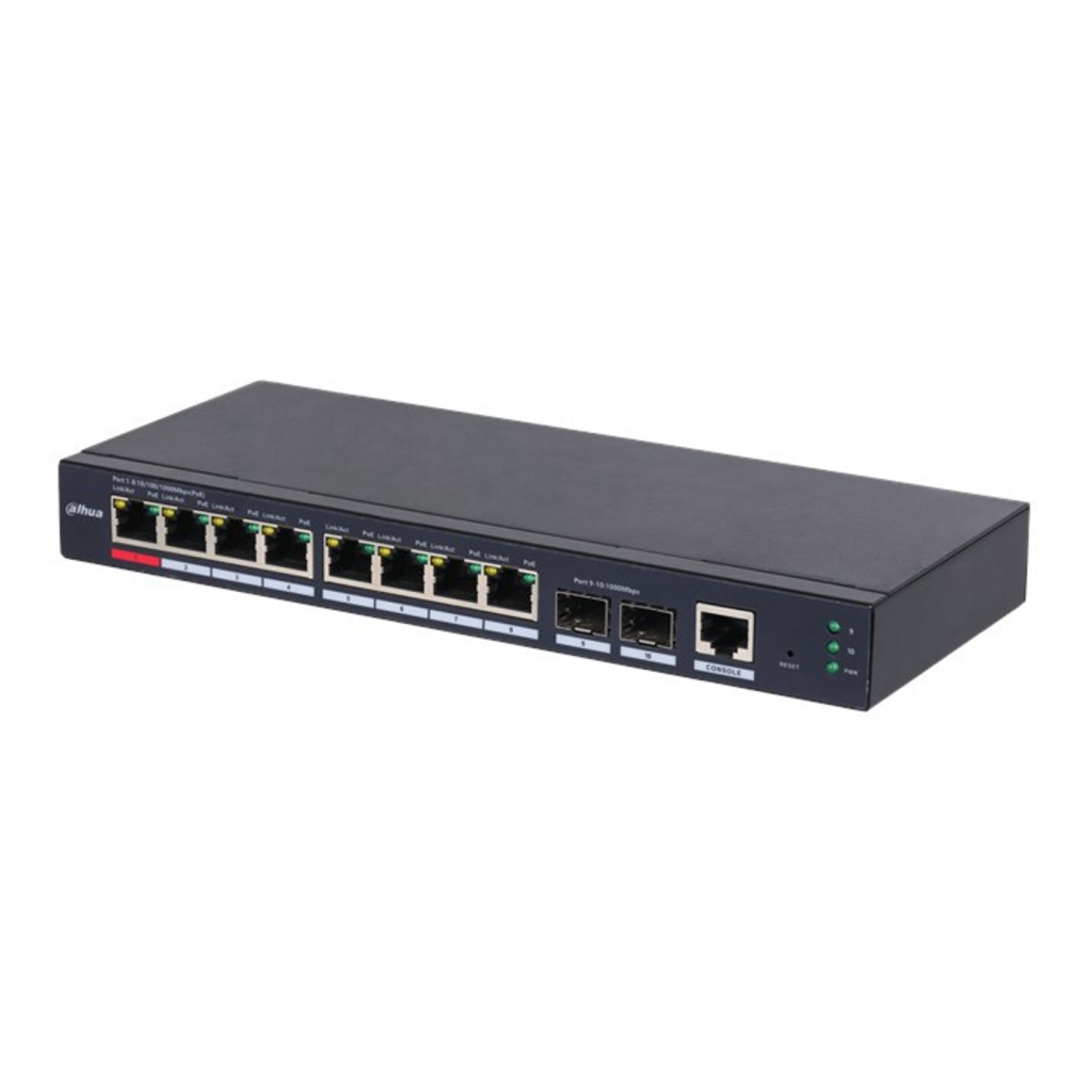 DAHUA S4210-8GT-110, 8Port, Gigabit, 8 Port PoE, 110W, +2 Port Gigabit Uplink, Longe Range 250Mt., Cloud Yönetilebilir, Switch