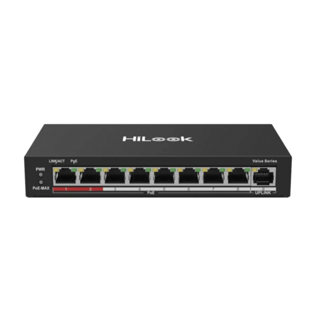 HILOOK NS-0109P-60(B), 8 Port, Megabit, PoE 60W, 1 Port Megabit Uplink, Long Range 250Metre, Yönetilemez, Masaüstü Switch