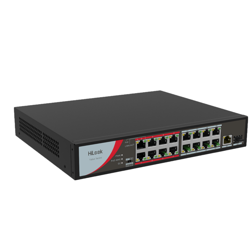 HILOOK NS-0318P-130(B), 16 Port, Megabit, PoE 130W, 1 Port GigaBit Lan, 1 Port GigaBit SFP, Long Range 250Metre, Yönetilemez, Masaüstü Switch