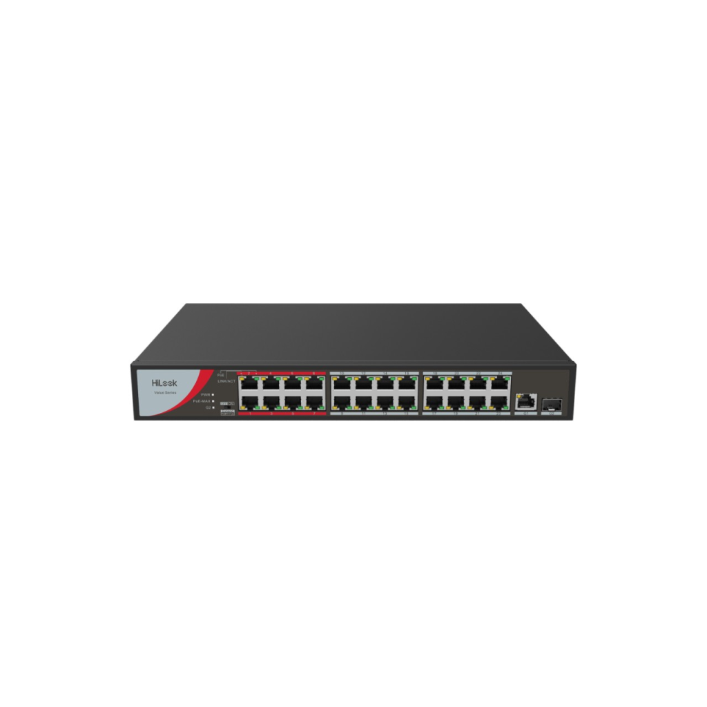 HILOOK NS-0326P-230(B), 24Port, Megabit, PoE 230W, 1 Port GigaBit Lan, 1 Port GigaBit SFP, Long Range 250Metre, Yönetilemez, Masaüstü Switch