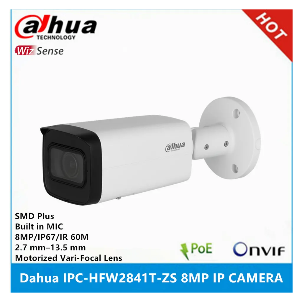 DAHUA IPC-HFW2841T-ZAS-27135 8Mpix, 2,7-13,5mm Motorize Lens, H265+, 80Mt Gece Görüşü, Dahili Mikrofon, Starlight, IP67,  PoE Bullet IP Kamera