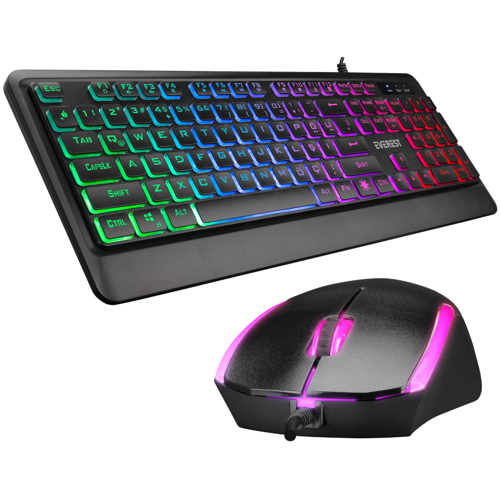EVEREST KM-R59, FORZA, USB Kablolu, Türkçe Q, Rainbow Backlight, Memran Tuşlar, Gaming, Klavye Mouse Set