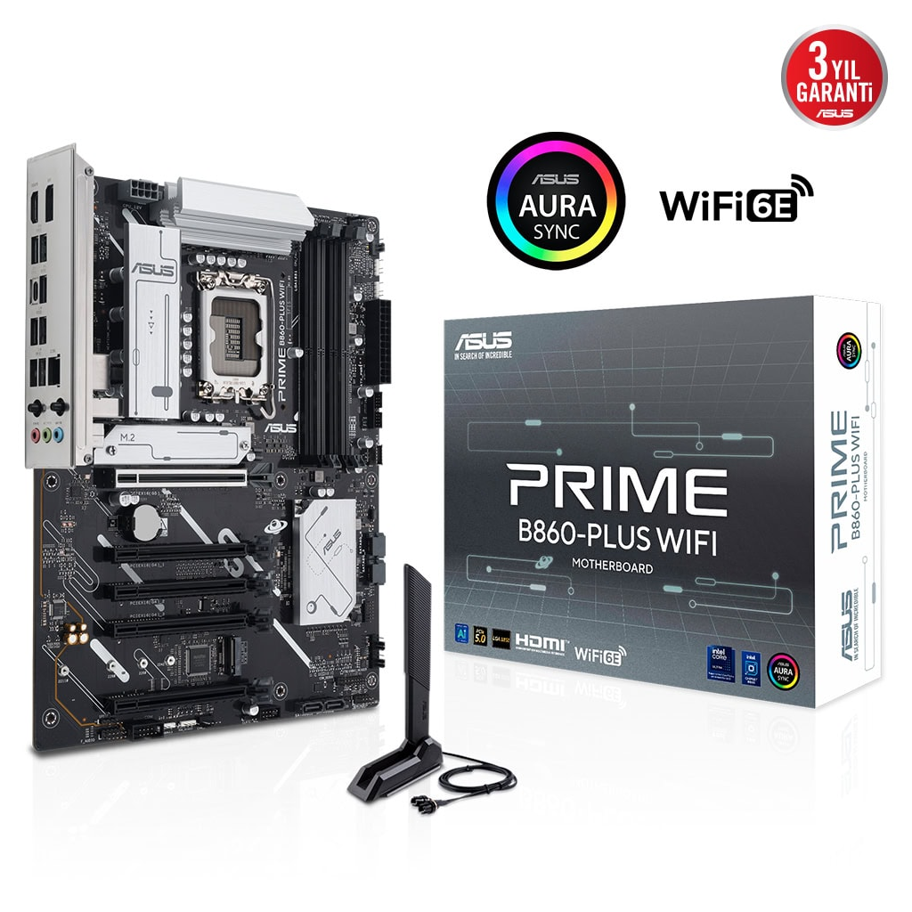 ASUS PRIME B860-PLUS WIFI, 4xDDR5, 2x M.2, HDMI, DP, Wi-Fi 6E, Bluetooth v5.3, Intel Core Ultra CPU(Seri 2), LGA1851 Soket, Gaming Anakart