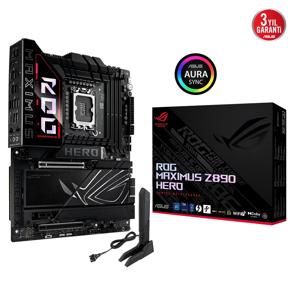 ASUS ROG MAXIMUS Z890 HERO, 8800MHz, 4xDDR5,  6x M.2, HDMI, 2xThunderbolt, 4xType-C, Wi-Fi 7, Bluetooth 5.4, Intel Core Ultra CPU(Seri 2), LGA1851 Soket, Gaming Anakart