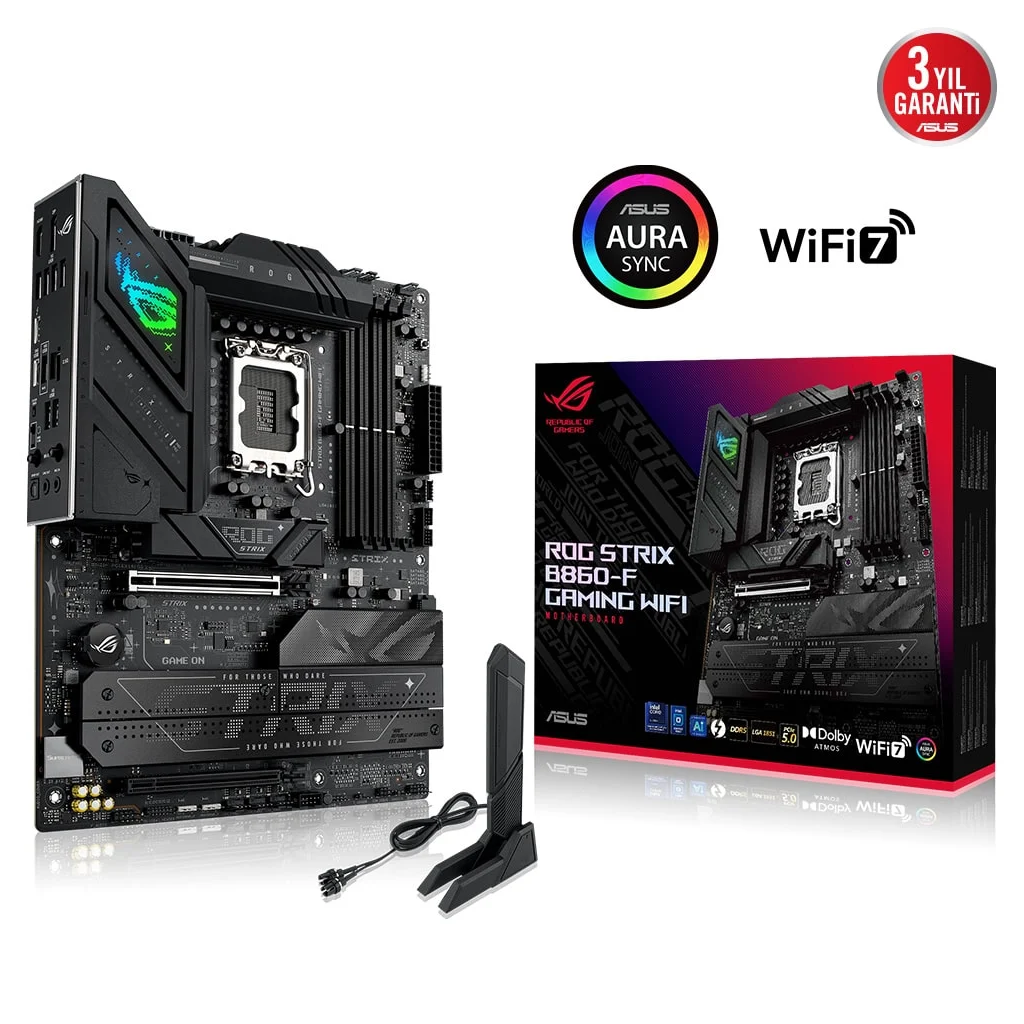 ASUS ROG STRIX B860-F GAMING WIFI, 4xDDR5, 4xM.2, HDMI, DP, Type-C, Wi-Fi 7, Bluetooth v5.4, Intel Core Ultra CPU(Seri 2), LGA1851 Soket, Gaming Anakart