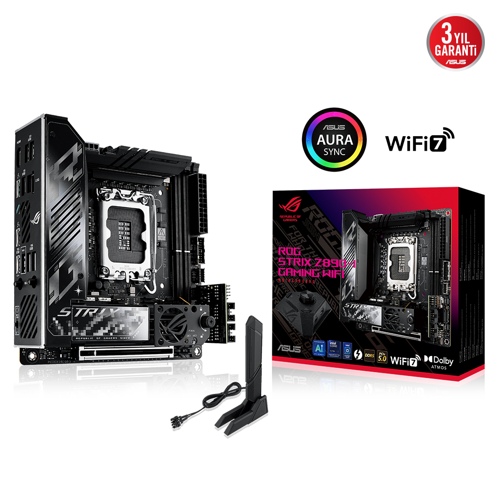 ASUS ROG STRIX Z890-I GAMING WIFI, 2xDDR5, 2xM.2, HDMI, 2xThunderbolt, 2xType-C, Wi-Fi 7, Mini ITX, Intel Core Ultra CPU(Seri 2), LGA1851 Soket, Gaming Anakart