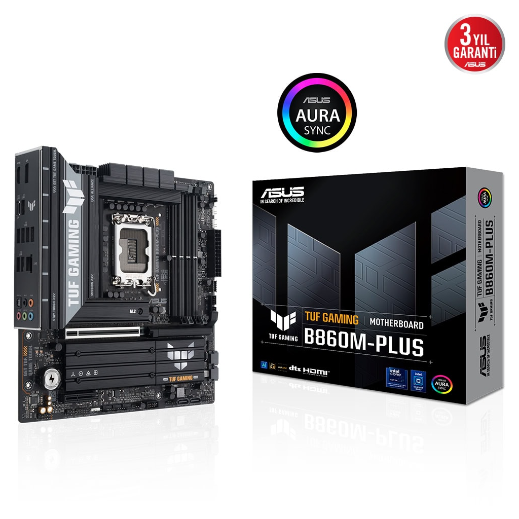 ASUS TUF GAMING B860M-PLUS, 4xDDR5, 3xM.2, HDMI, DP, Intel Core Ultra CPU(Seri 2), LGA1851 Soket, Gaming Anakart