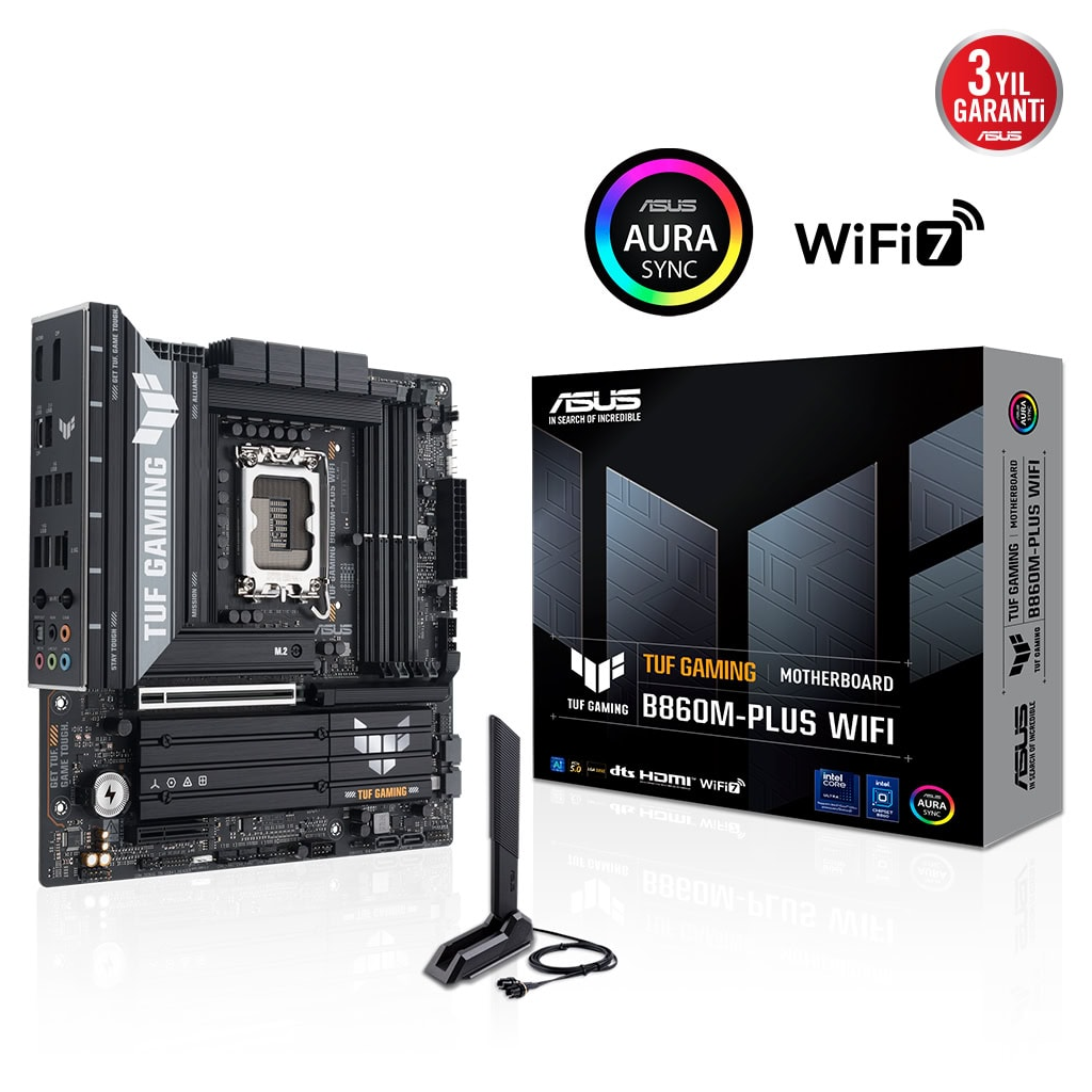 ASUS TUF GAMING B860M-PLUS WIFI, 4xDDR5, 3xM.2, HDMI, DP, Wi-Fi 7, Bluetooth v5.4, Intel Core Ultra CPU(Seri 2), LGA1851 Soket, Gaming Anakart