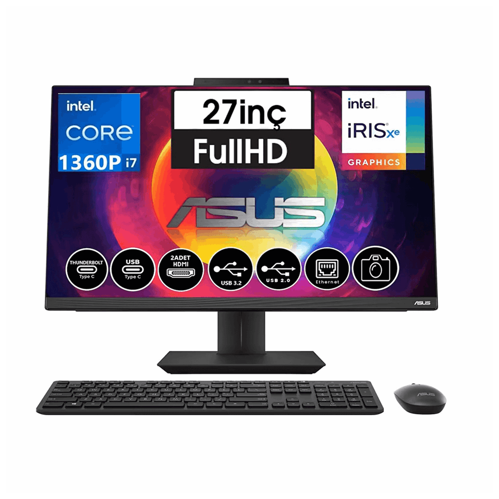 ASUS A5702WVAK-I7161TBB0D, i7-1360P, 27" FHD Ekran 16Gb DDR4 Ram, 1TB SSD, Wi-Fi 6, Type-C, Paylaşımlı Ekran Kartı, Free Dos, All In One PC