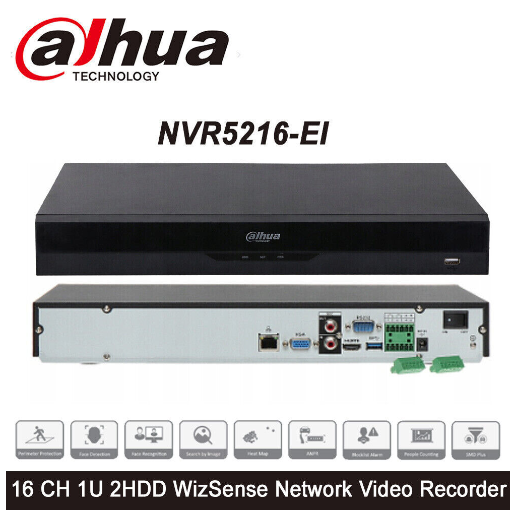 DAHUA  NVR5216-EI, 16Kanal, 12Mpix, H265+, 2 HDD Desteği, 1080P Kayıt, 320Mbps Bant Genişliği, NVR