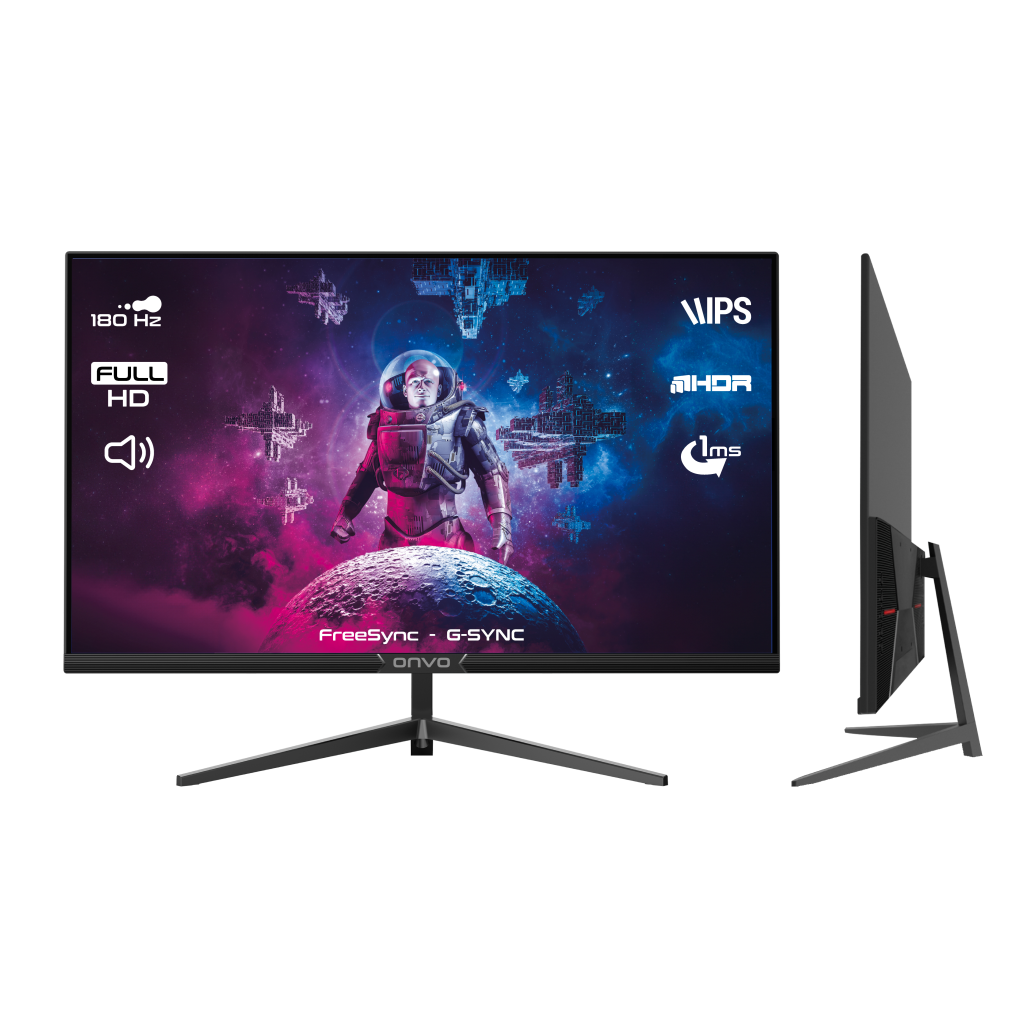 ONVO OV27MNT202G, 27" 1ms, 180Hz, Full HD, 2xHDMI, DP, 2x2W Hoparlör, Metal Ayak, IPS Panel, NVDI G-Sync ve AMD FreeSync, GAMING Monitör