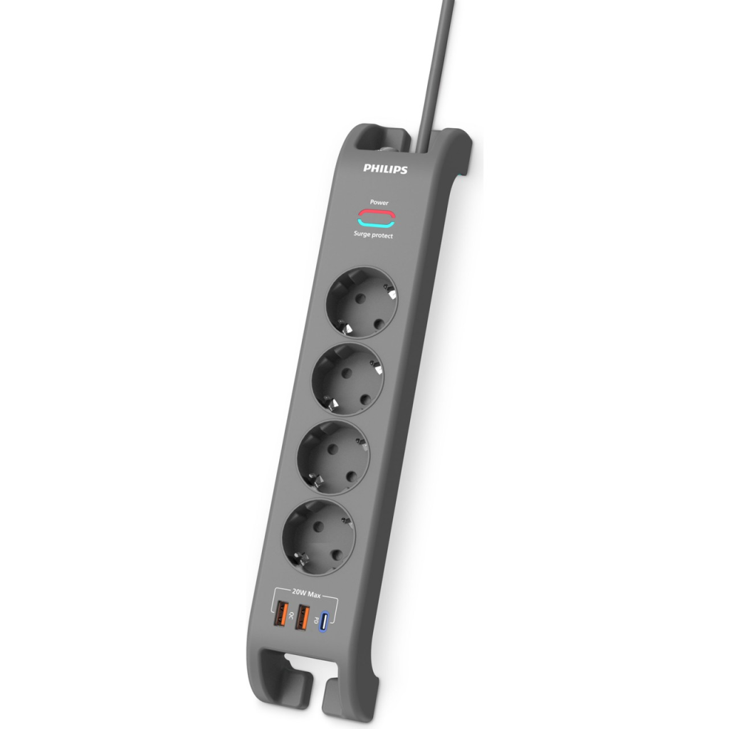 PHILIPS SPN4140GA/62, 4 Soket, Akım Korumalı Priz, 2400 Joules, 2Mt Kablo, 1xUsb-C PD 20W Hızlı Şarj, 2xUsb-A QC 18W, (Gri)