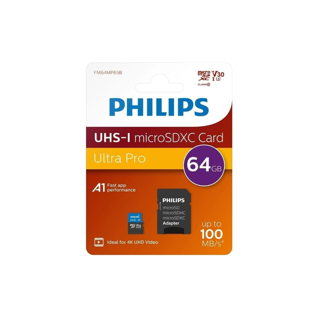 PHILIPS FM64MP65B, 64GB, SDXC, UHS-I, V30, Class10, MicroSD Kart Bellek (SD Adaptörlü)
