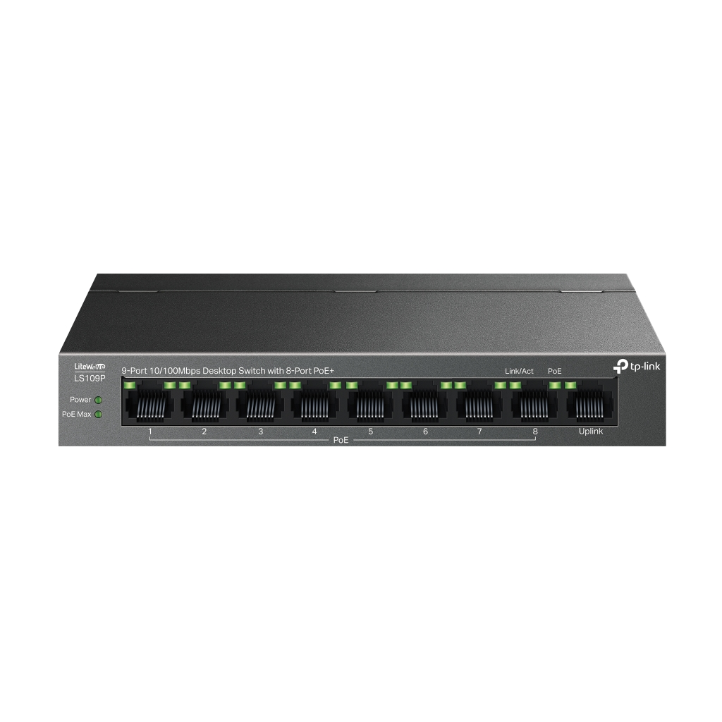 TP-LINK LS109P, Green Tech, 8 Port MegaBit, POE 63W, 1 Port Uplink, Long Range 250Mt, Yönetilemez, Metal Kasalı Switch