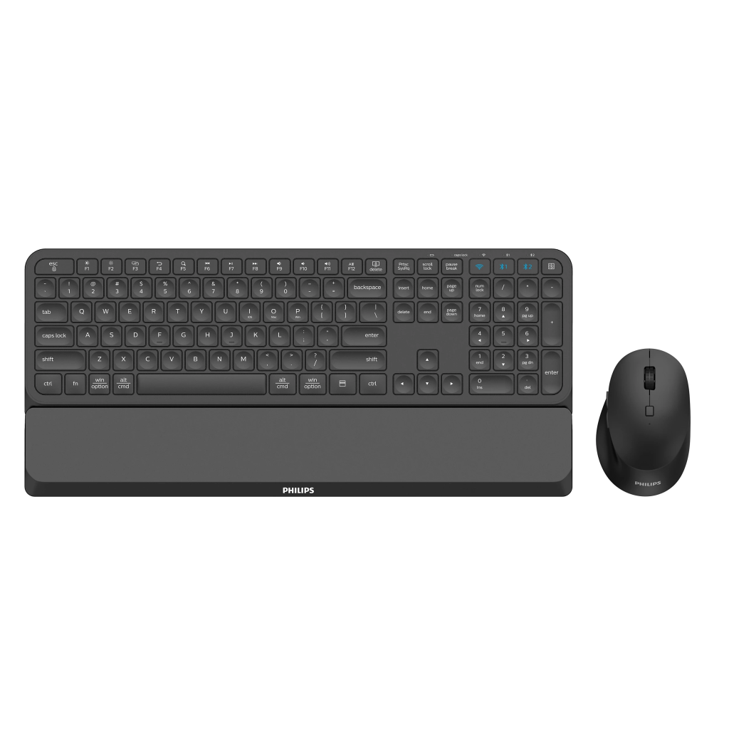 PHILIPS SPT6607B, Siyah, Türkçe Q, 2.4Ghz ve Bluetooth Kablosuz, Bilek Destekli, Multimedya Klavye Mouse Set