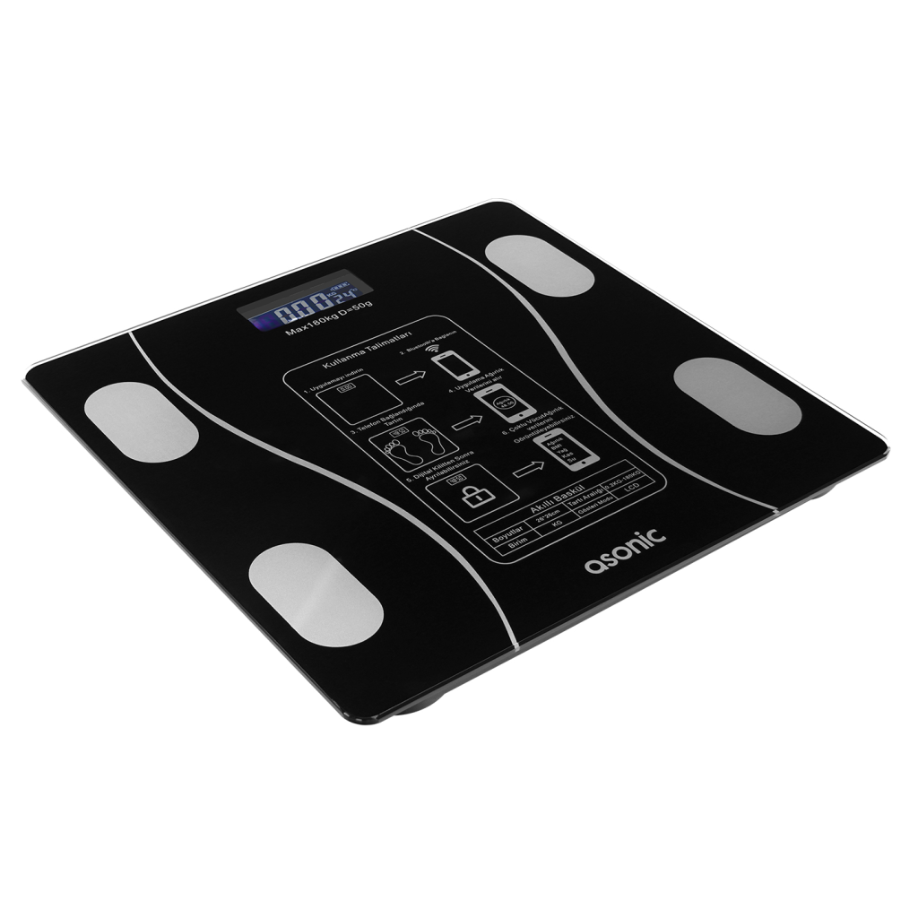 ASONIC BS260, Siyah, Bluetooth Destekli, Baskül. LCD Gösterge, 260x260mm, 180Kg a kadar ölçme.