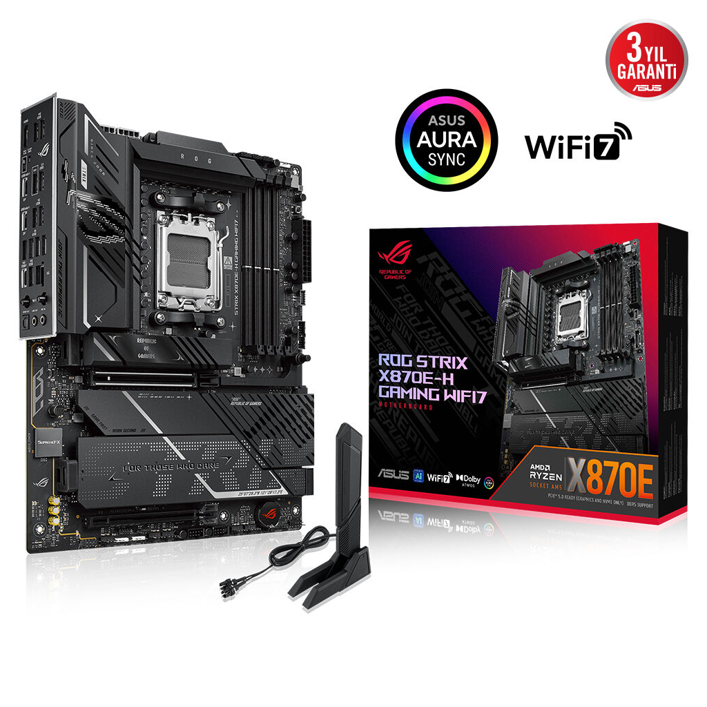 ASUS ROG STRIX X870E-H GAMING WIFI7, 4xDDR5, 4xM.2, DP, HDMI, Type-C, PCIe 5.0, Wi-Fi 7, Bluetooth v5.4, AM5 Soket GAMING Anakart