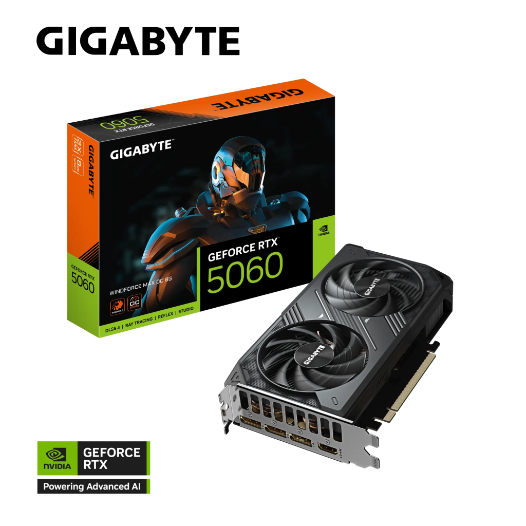 GIGABYTE GV-N5060WF2MAX OC-8GD, RTX5060, WINDFORCE MAX OC, 8Gb, GDDR7, 128BIT, 2 Fanlı, 1xHDMI, 3xDP, GAMING Ekran KARTI