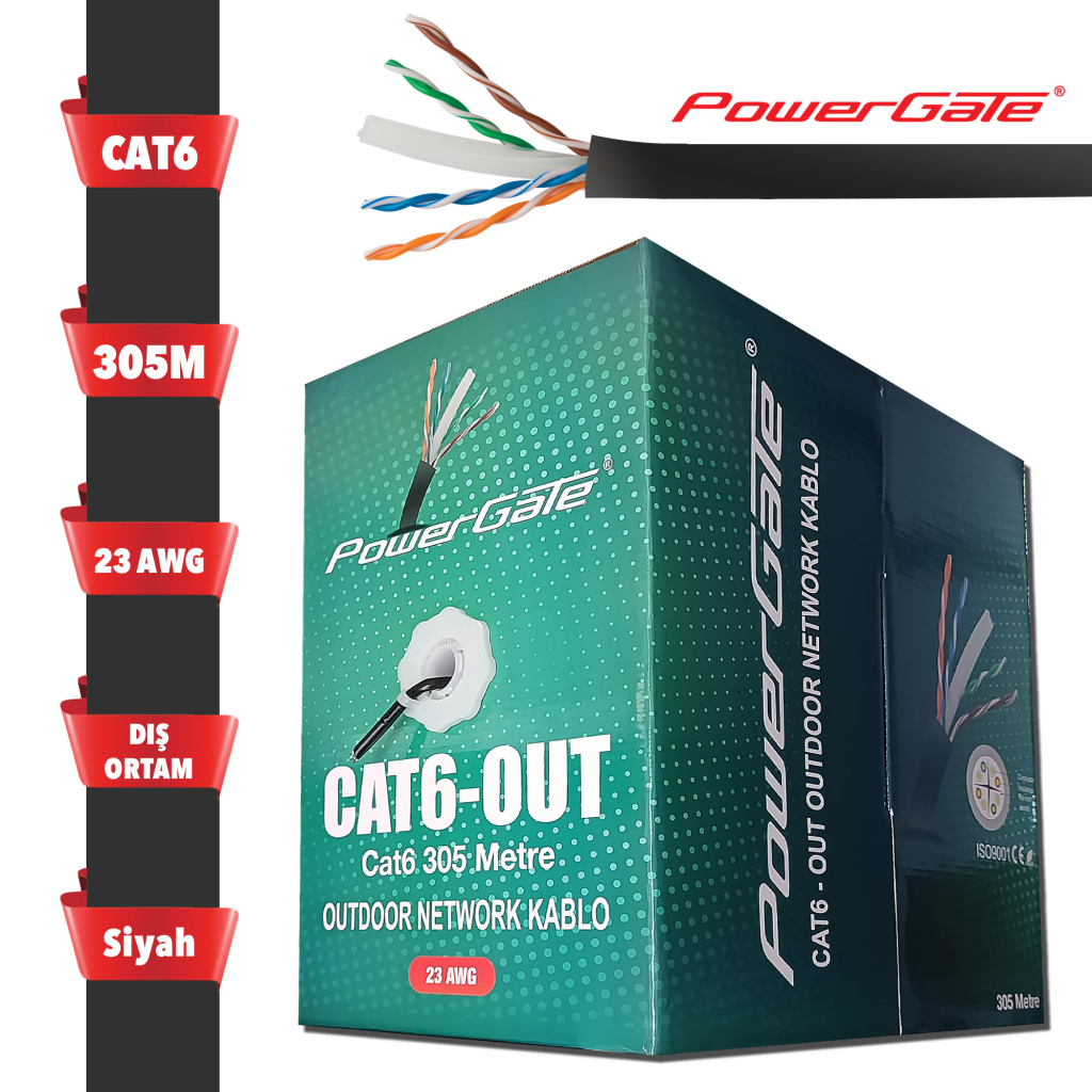 POWERGATE CAT6-OUT-CCA, Outdoor (Dış Mekan), Polietilen, 23AWG 0.57mm, UTP, CAT6, CCA Kablo, 305m, Siyah