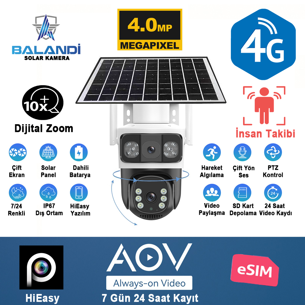 BALANDI PRO-8200GIP 4MP 2 Kameralı 4G AOV ESIM Solar Kamera, HIEASY Yazılım