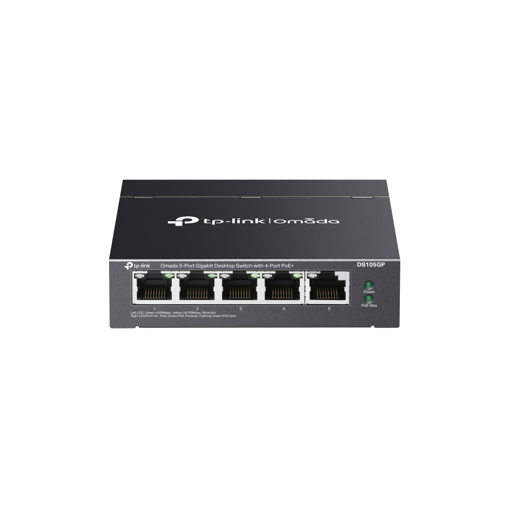 OMADA DS105GP, 5 Port Gigabit,  4 Port Gigabit PoE+, 65W, Yönetilemez, Masaüstü/Vesa Metal Kasa Sessiz Switch