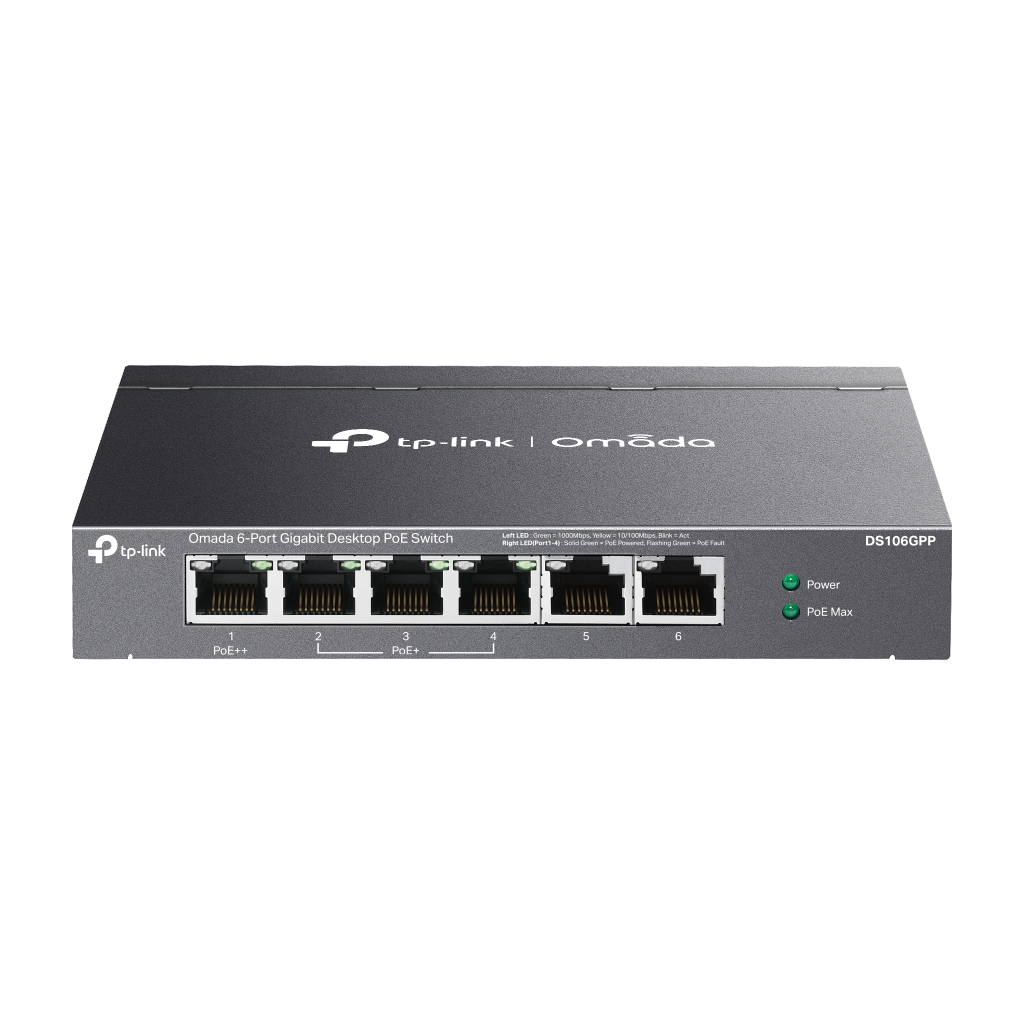 OMADA DS106GPP, 6 Port Gigabit, 3 Port Gigabit PoE+, 64W, 1 Port Gigabit PoE++, Yönetilemez, Metal Kasa Masaüstü Sessiz Switch