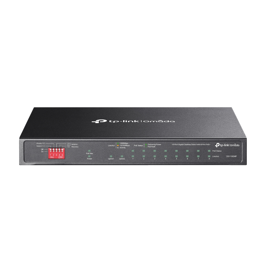 OMADA DS110GMP, 10 Port Gigabit,  8 Port Gigabit PoE+, 123W, 1 Port Combo Gigabit SFP, Yönetilemez, Metal Kasa Masaüstü Sessiz Switch
