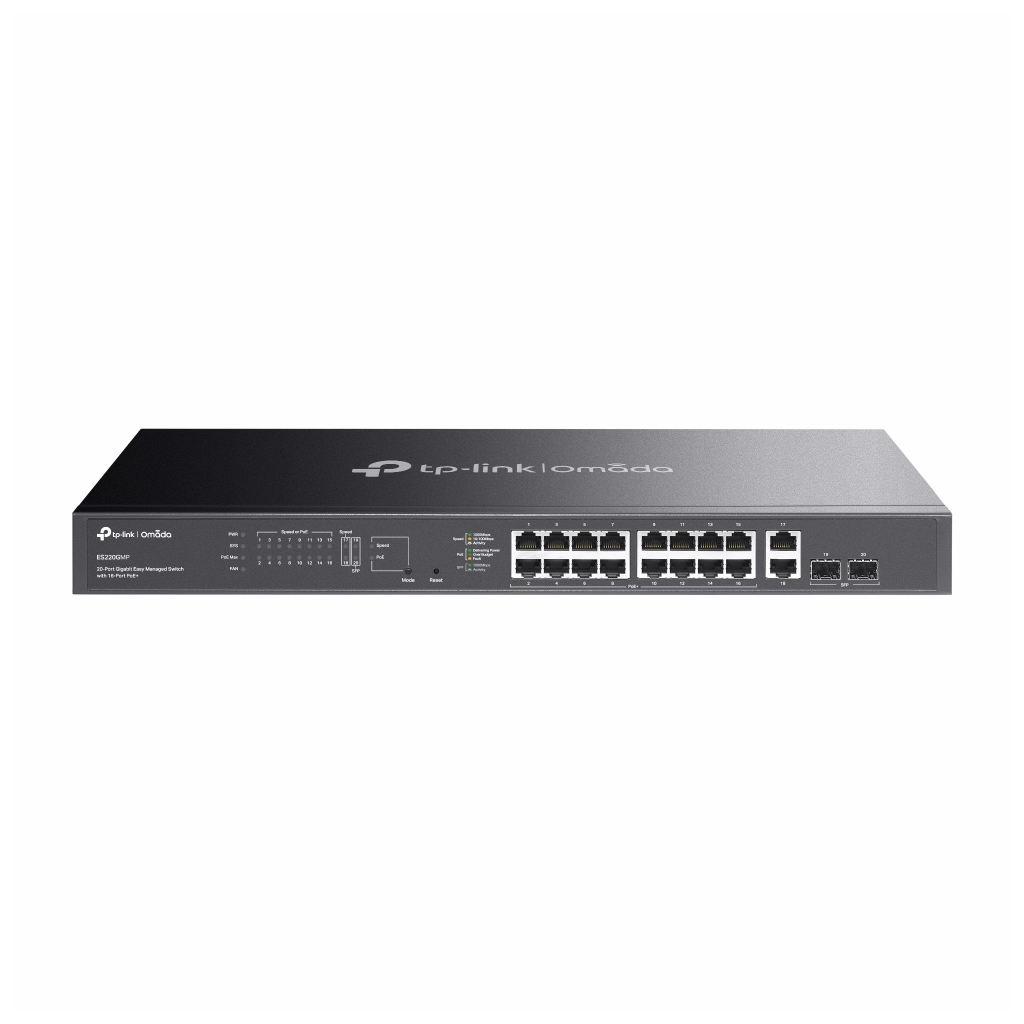 Omada ES220GMP, 16 Port Gigabit, 16 Port PoE+, 2 Port Gigabit SFP, 250W, Yönetilebilir, Rackmount Switch