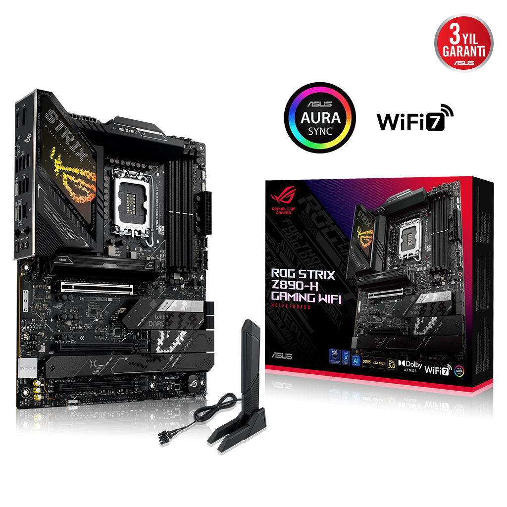ASUS ROG STRIX Z890-H GAMING WIFI, 9066MHz, 4xDDR5, 4x M.2, HDMI, DP, Type-C, Wi-Fi 7, Bluetooth 5.4, Intel Core Ultra CPU(Seri 2), LGA1851 Soket, Gaming Anakart