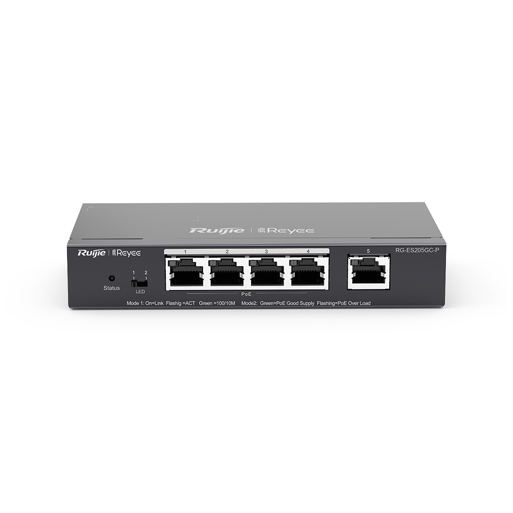 RUIJIE REYEE RG-ES205GC-P, 5 Port GigaBit ,4X PoE  54W RUIJIE Colud Yönetilebilir Switch  Metal Kasa