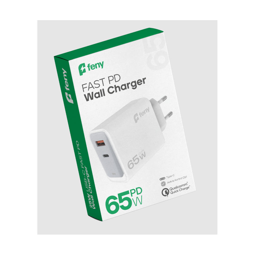 FENY FN-C65, 65W, USB+Type-C, Akıllı Isı Kontrol Chip, Qualcomm Quick Charge 3.0, ŞARJ Adaptörü