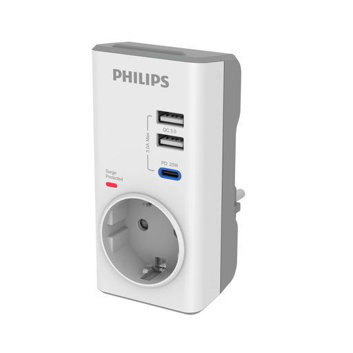 [CHP8010W-10] PHILIPS CHP8010W/10, Tekli, Akım Korumalı Priz, 380 Joules, PD 20W Hızlı Şarj, 1xUSB-C, 2xUSB-A, (Beyaz)